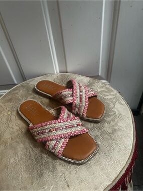 Nicole Miller women’s Crossover Pink Braided Slide flat Sandals -Sz 7